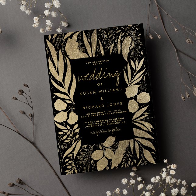 Sofistikerad svartvit guld-blommigt bröllop inbjudningar (Sophisticated black gold foliage floral wedding invitation )
