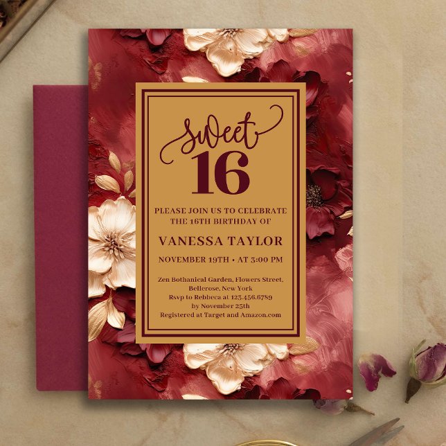 Sofistikerad Sweet 16 Burgunder Guld Blommig Inbju Inbjudningar (Sophisticated Sweet 16 Burgundy Gold Floral Invite)