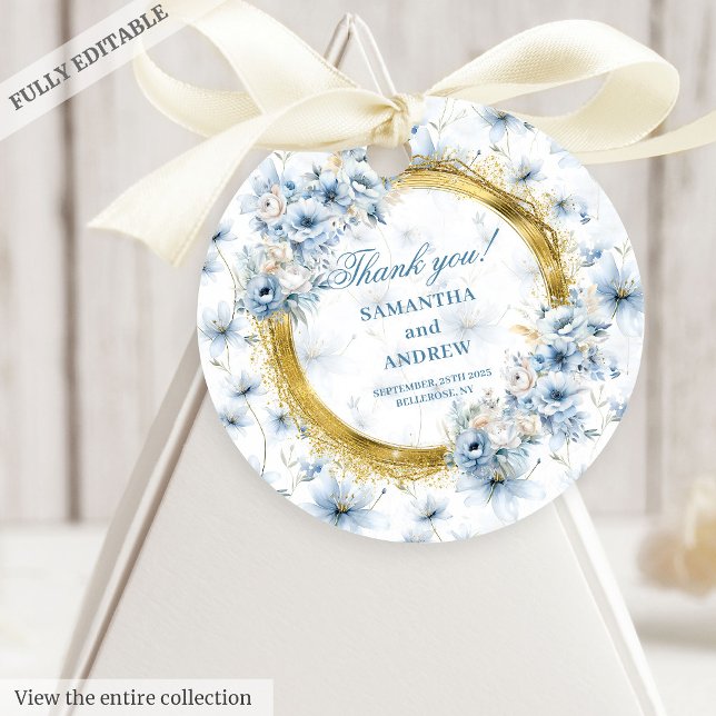 Sofistikerad vattentorg, ljusblå Guld Bröllop Gåvor Etiketter (Sophisticated Watercolor Light Blue Gold Wedding Favor Tags)