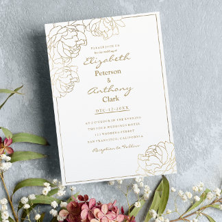 Sofistikerad vit faux guld peony blommigt Bröllop Inbjudningar