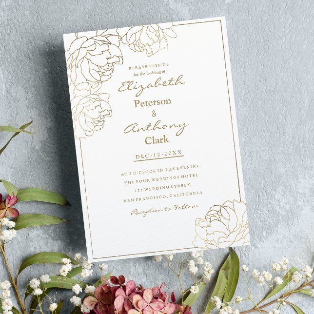 Sofistikerad vit faux guld peony blommigt Bröllop Inbjudningar (Sophisticated white faux gold peony floral Wedding Invitation )