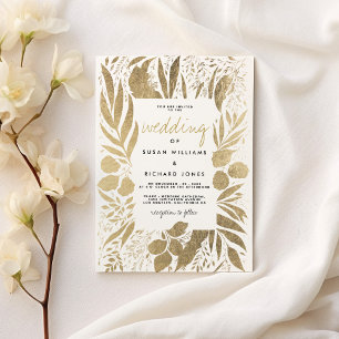 Sofistikerad vit guld-löv blommigt bröllop inbjudningar