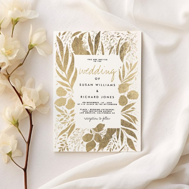 Sofistikerad vit guld-löv blommigt bröllop inbjudningar (Sophisticated white gold foliage floral wedding)