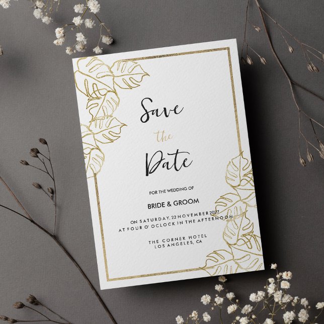 Sofistikerad vit tropisk guld Spara datum Inbjudningar (Sophisticated white gold tropical Save the Date )