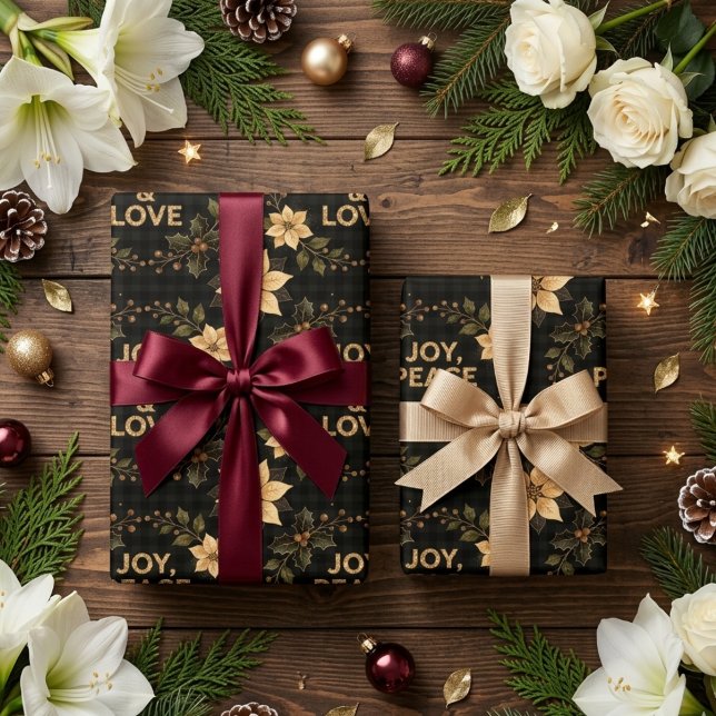 Sofistikerad Xmas Glädje Fred & Kärlek Holiday TMF Presentpapper (Sophisticated Joy Peace And Love Holiday Wrapping Paper Design Featuring Elegant Gold Glitter Effect)