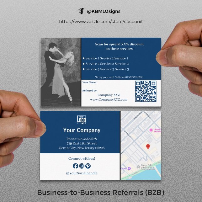 Sofistikerade B2B-tjänster QR-kod blå vit Rabattkort (Sophisticated B2B Services QR Code Blue White Referral Card, Business to Business Collaboration)