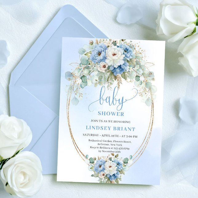 Sofistikerade blå peonier Eukalyptus Guld Bebis  Inbjudningar (Sophisticated Blue Peonies Eucalyptus Gold Baby Shower)