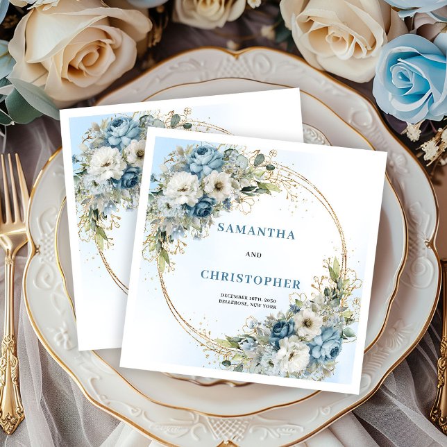 Sofistikerade blå peony guld bröllopsservetter pappersservett (Sophisticated Blue Peony Gold Wedding Napkins)
