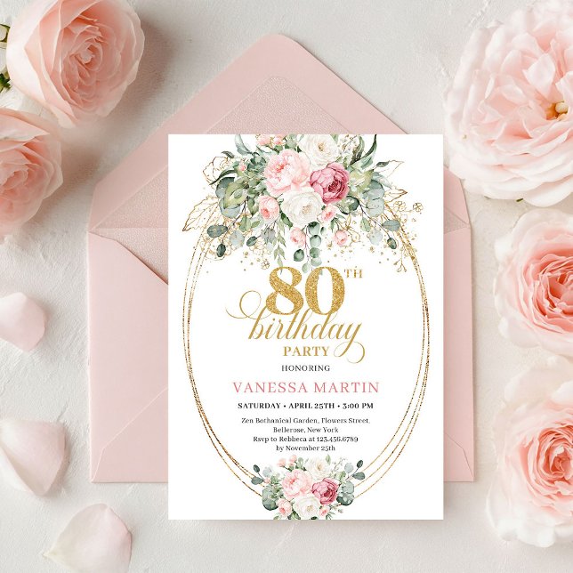 Sofistikerade Bohemiska Rosa Rosor 80-årsdag Inbjudningar (Sophisticated Bohemian Blush Roses 80th Birthday)