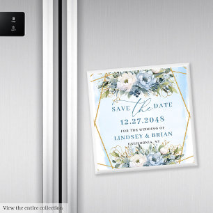 Sofistikerade Boho Blå Peonier Guld Spara Datumet Magnet
