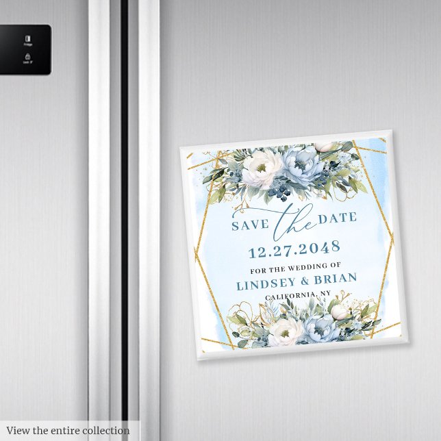 Sofistikerade Boho Blå Peonier Guld Spara Datumet Magnet (Sophisticated Blue Peonies Gold Save The Date Magnet

)
