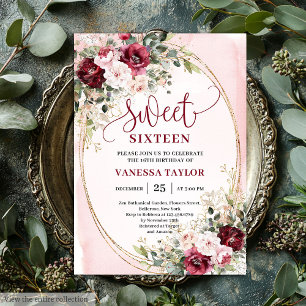 Sofistikerade Burgundy Rosafärgade Sweet Sixteen-i Inbjudningar