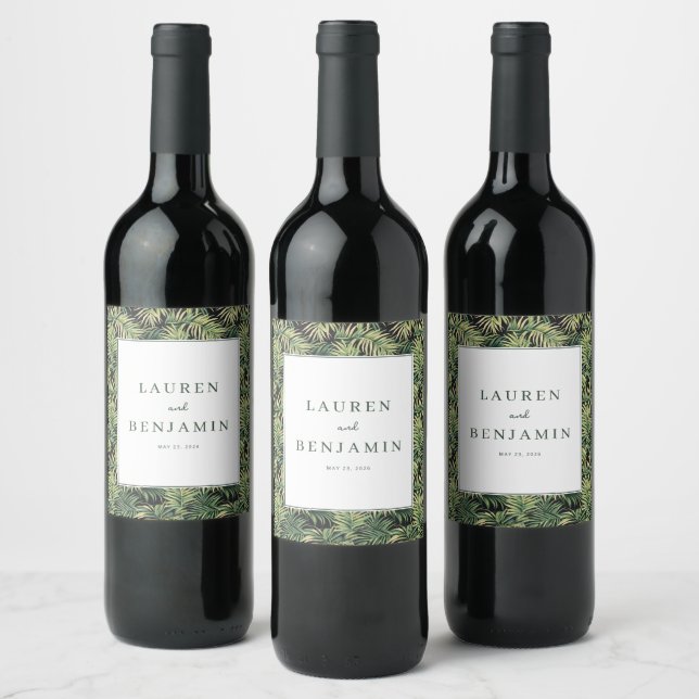 Sofistikerade gröna tropiska blad vinflaska etikett (Flaskor)