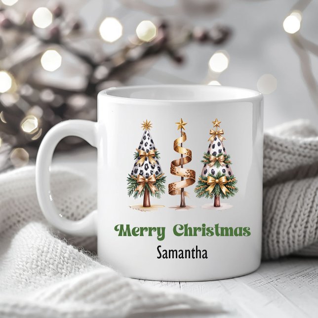 Sofistikerade Leoparder Julträd Anpassat Namn  Kaffemugg (Sophisticated Leopard Christmas Trees Custom Name Mug)
