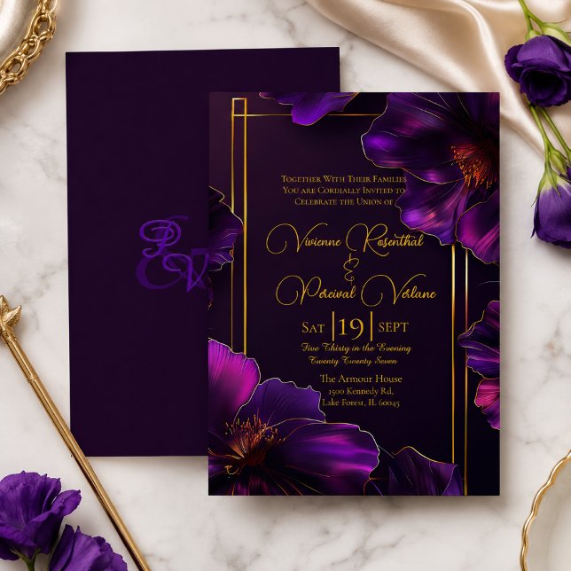Sofistikerade Lysande Violetta Lila Guld Bröllop Inbjudningar (Sophisticated Luminous Violets Purple and Gold Wedding Invitation )