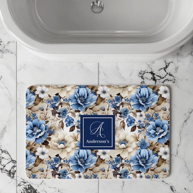 Sofistikerade marinblå blommor personlig badsuite badrumsmatta (Sophisticated Navy Blue Flowers Personalized Bath Mat)