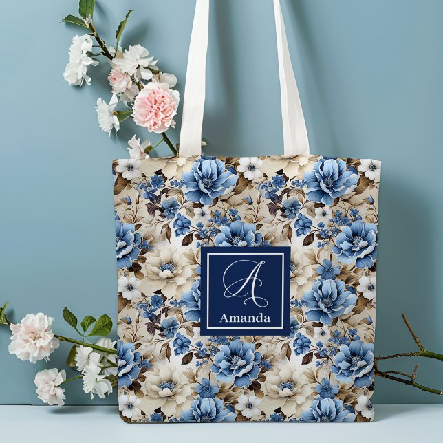 Sofistikerade marinblå blommor personlig totebagge tygkasse (Sophisticated Navy Blue Flowers Personalized Tote Bag)