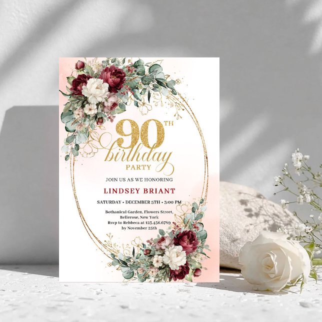 Sofistikerade Marsala Peonies Guld 90-årsdag  Inbjudningar (Sophisticated Marsala Peonies Gold 90th Birthday Invite)