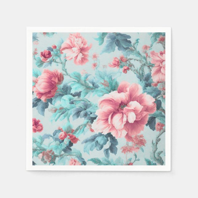 Sofistikerade Rosa Claret Flowers och Azure Lövs Pappersservett (Framsidan)