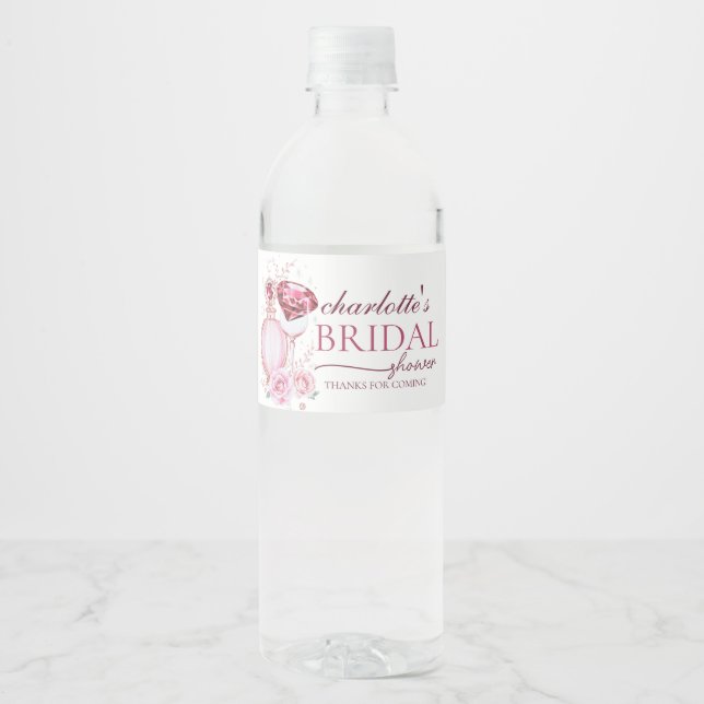 Sofistikerade Rubiner och Rosa Bröllopsdusch Vattenflaskor Etikett (Framsida)