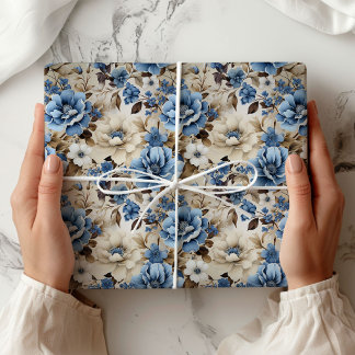 Sofistikerat Blått Elfenbensfärgat Blommigt Lyxigt Presentpapper