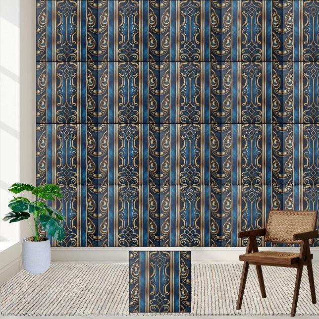 Sofistikerat blått och Guld grekiskt Mönster-platt Kakelplatta (Sophisticated Blue and Gold Greek Pattern Tile)