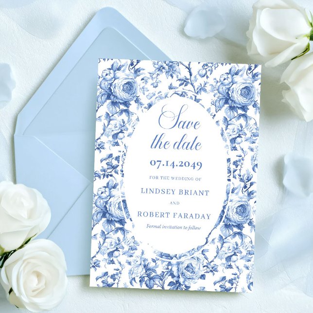 Sofistikerat Blått Rosor Blommig Spara Datum-kort Meddelande (Sophisticated Blue Roses Floral Save the Date Card)