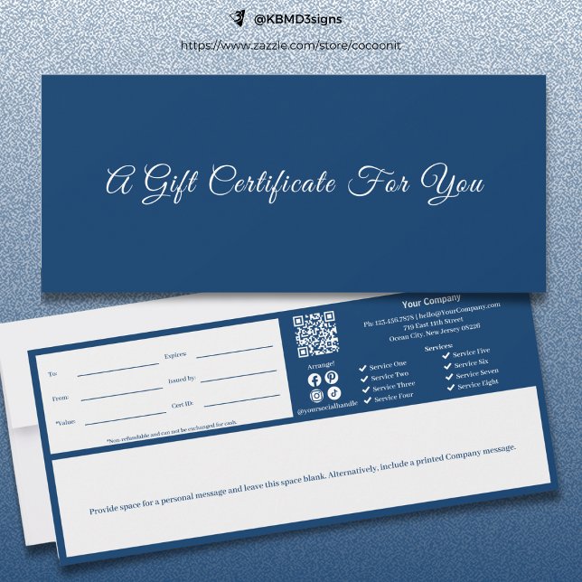 Sofistikerat blått, vitt skriptcertifikat (Sophisticated Blue White Script Gift Certificate)