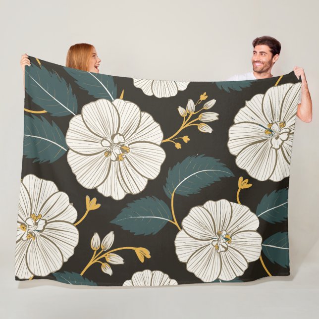 Sofistikerat Blommönster med vita Blommar Fleecefilt (På plats)