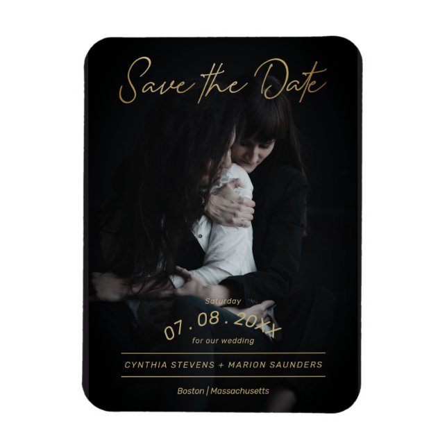 Sofistikerat Golden Script Photo LGTB Bröllop Magnet (Vertikal)