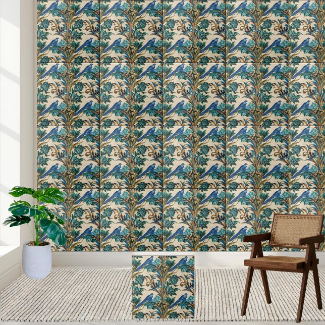 Sofistikerat kinesiskt fåglar och Blommönster Kakelplatta (Sophisticated Chinoiserie Bird and Floral Pattern Ceramic Tile)