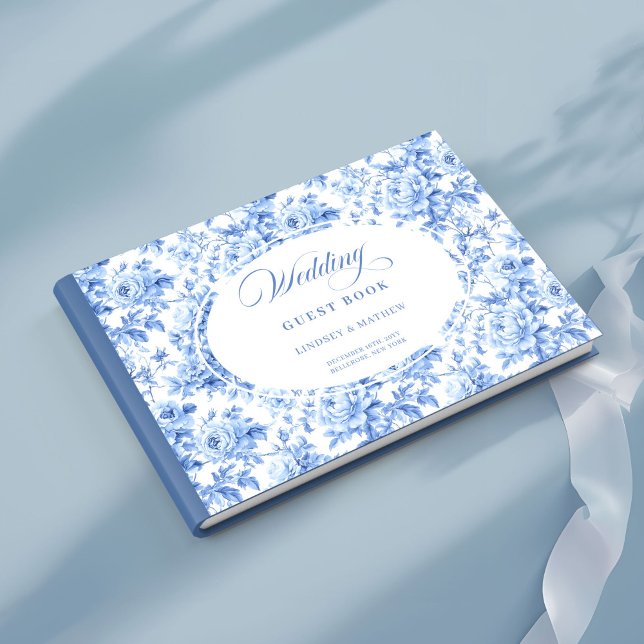 Sofistikerat kungligt blått Toile Rosor Gästbok (Sophisticated Royal Blue Toile Roses Guest Book)