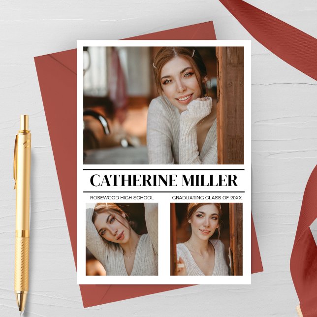 Sofistikerat minimalistisk examensmeddelande meddelande (Sophisticated Modern Minimalist Graduation Photo Announcement Card | 3 Photos)