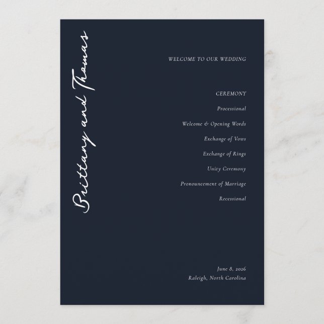 Sofistikerat Navy minimalistiskt bröllopsprogram Program (Framsida)