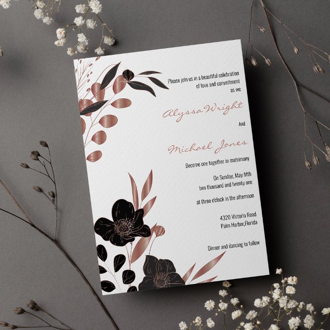 Sofistikerat svart glam från blommigten vid ro gul inbjudningar (Sophisticated black rose gold floral glam Wedding )