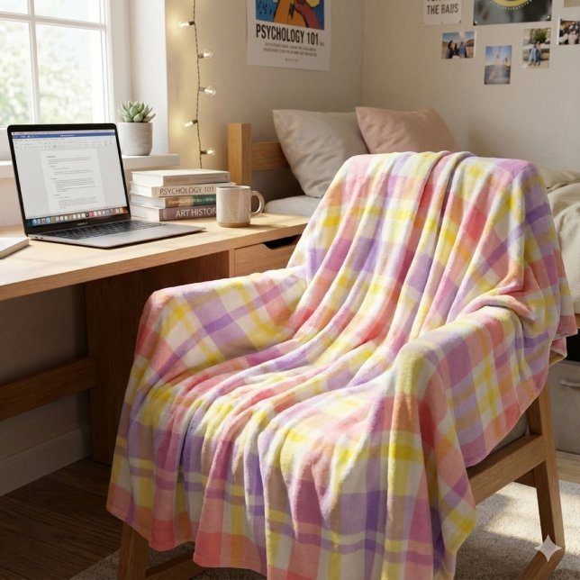 Soft and Cozy Pastel Plaid Pink Lavender Yellow Fleecefilt (Soft fleece comfort meets pastel charm—your cozy dorm essential for study, sleep, and style.)