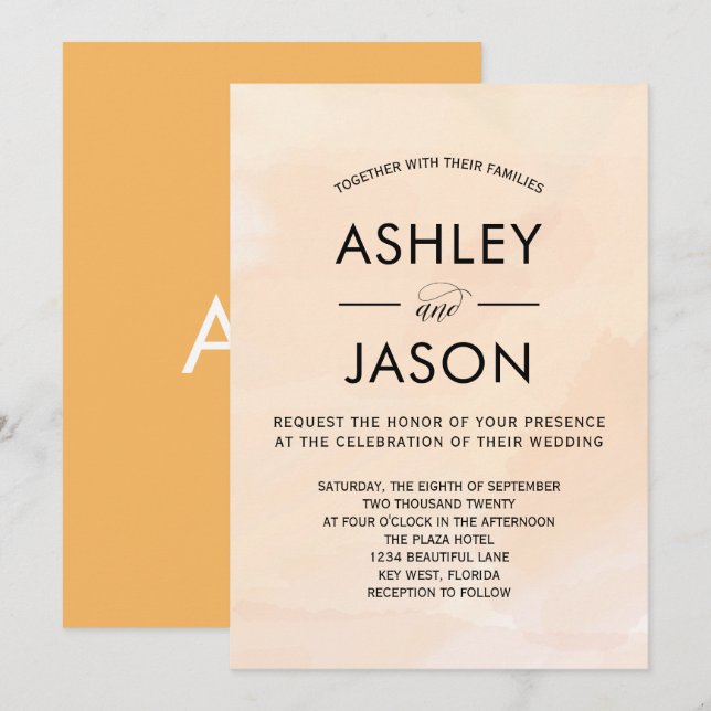 Soft Apricot Watercolor Wedding bjudande Inbjudningar (Fram/baksida)