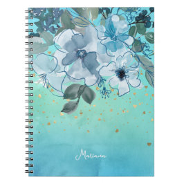 Soft Aqua Blue Turcos Watercolor Blommigt Hennes Anteckningsbok