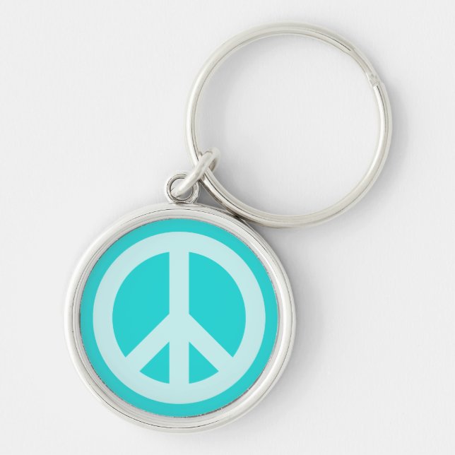 Soft Aqua Peace Symbol Rund Silverfärgad Nyckelring (Framsidan)