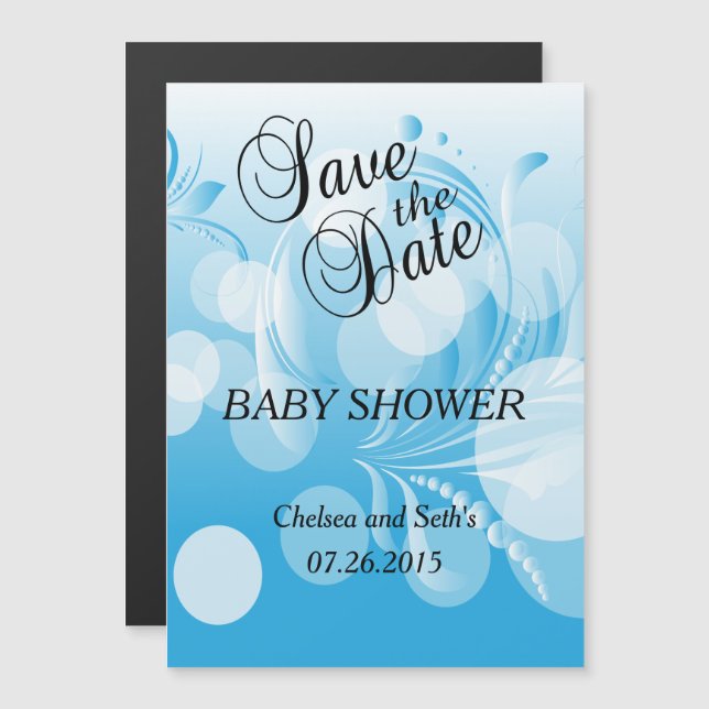 Soft Baby blue Bokeh Florid | Pojke Shower Magnetisk Inbjudningskort (Fram/baksida)