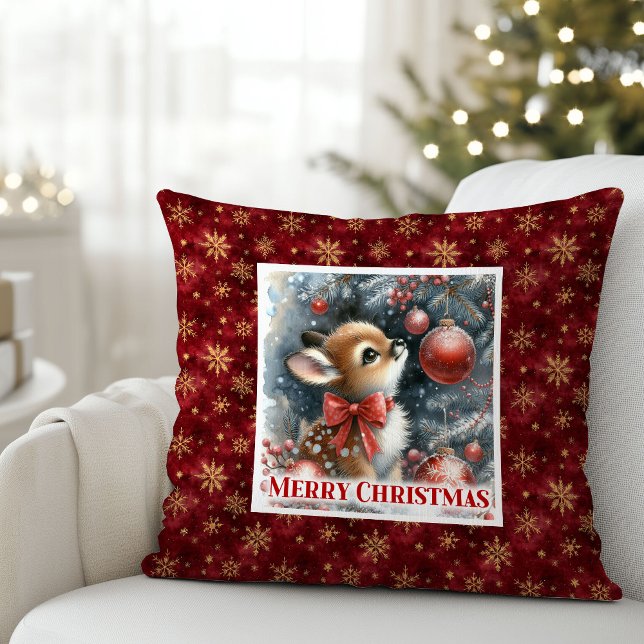 Soft baby fawn winter scene snowy forest kids room kudde (Soft baby fawn winter scene snowy forest kids room decor)