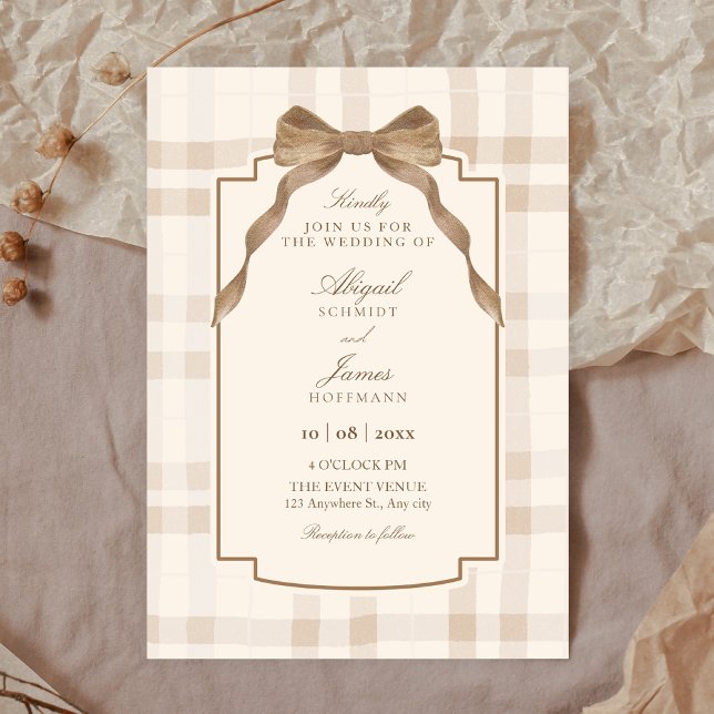 Soft beige brown bow tartan plaid wedding inbjudningar (Skapare uppladdad)