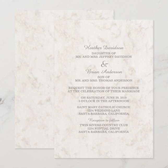Soft Beige Elegant Marble Wedding bjudande in Inbjudningar (Fram/baksida)