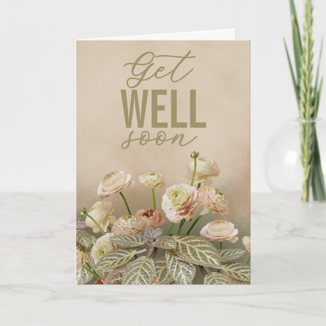 Soft Beige Floral Get Well Soon Personalized Card Kort (Framsida)