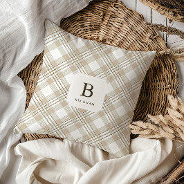Soft Beige Gingham Monogram Festive Kudde