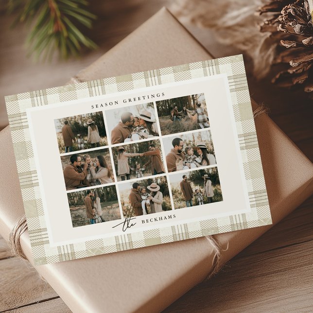 Soft Beige Gingham Photo Collage jul Julkort (Skapare uppladdad)
