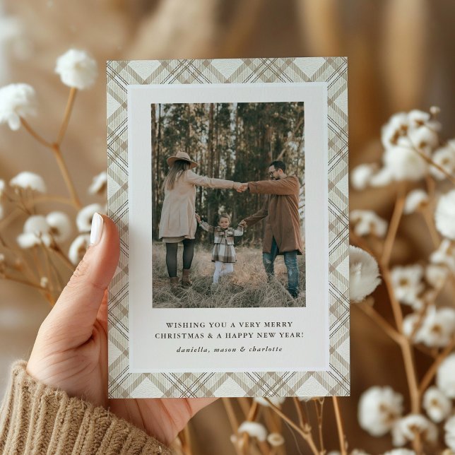 Soft Beige Gingham Photo Helgdag Card Julkort (Skapare uppladdad)