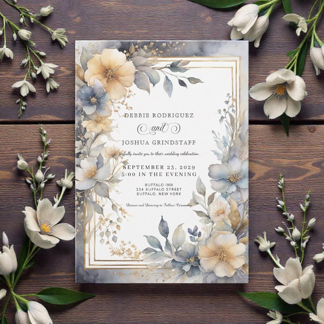 Soft Beige & Gray Floral Frame Wedding Invitation  Inbjudningar (Skapare uppladdad)