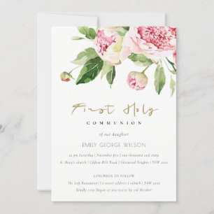 Soft Blommigt Peony First Heliga Communion Inbjudningar
