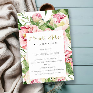 Soft Blommigt Peony First Heliga Communion Inbjudningar